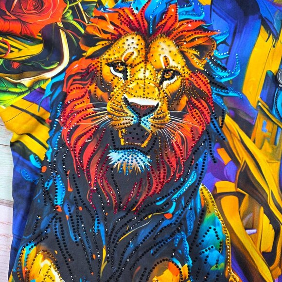 Barabas Mens Small Multicolor Vibrant Lion & Roses Graphic Button-Up Shirt - Picture 3 of 9